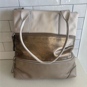 FOSSIL Explorer Large Tote Cream Metallic Gold Taupe Leather Shoulder Bag Purse